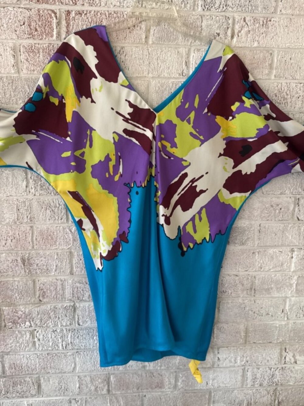Tibi 100% Silk Tunic Blouse Size 6 Teal Abstract Print Dolman Sleeve